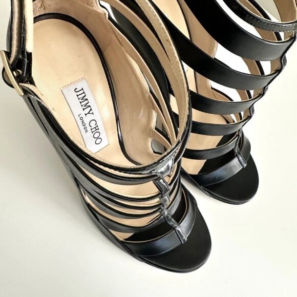 NEW JIMMY CHOO Black Leather Caged Ankle Strap Sandals Size 38.5 - Picture 11 of 14